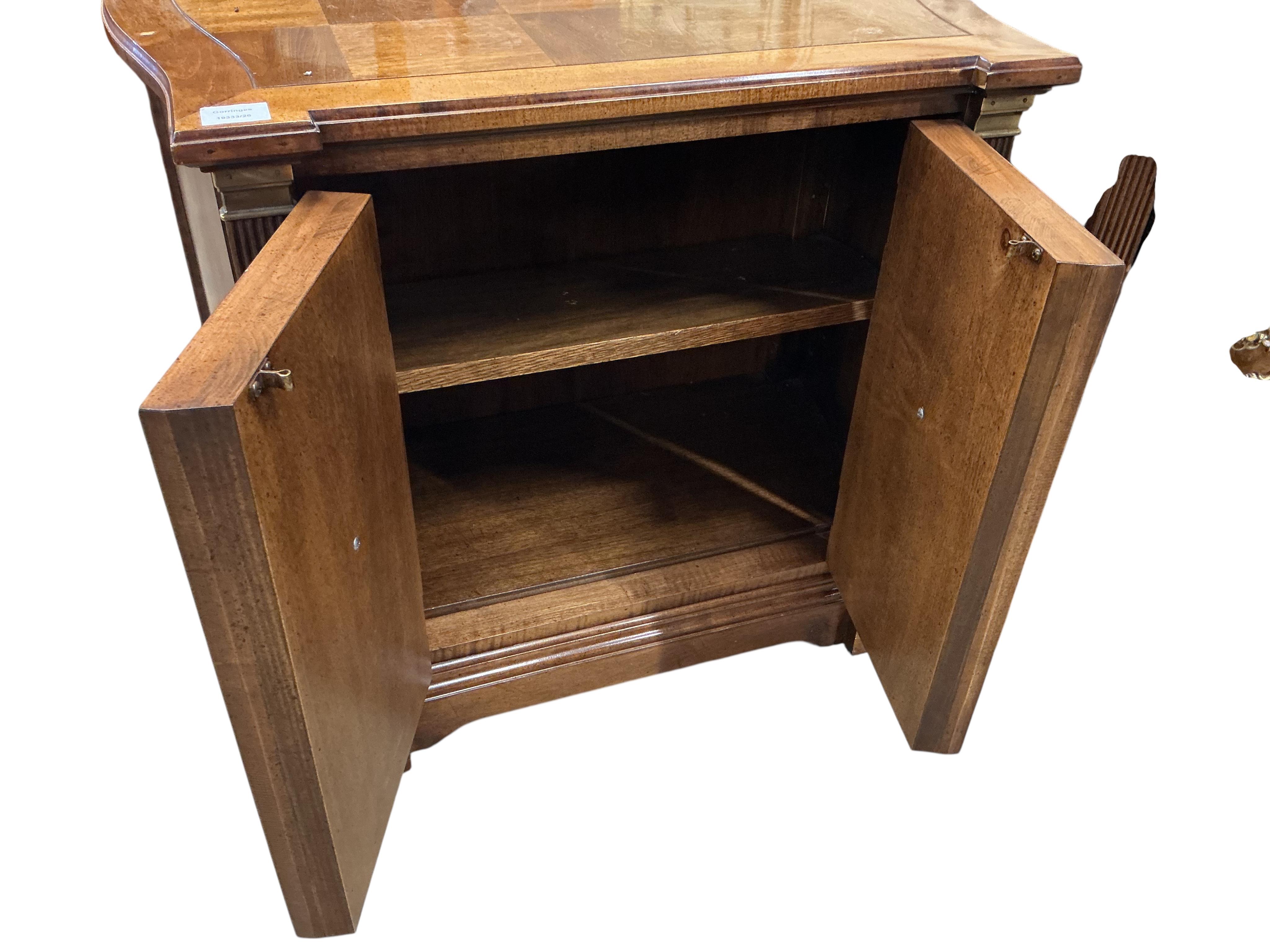 A pair of American reproduction cedar and burr wood brass mounted bedside cabinets, width 86cm, depth 40cm, height 64cm